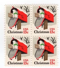 US Winter Christmas Rural Mailbox 13c Stamp Block of 4 Scott #1730