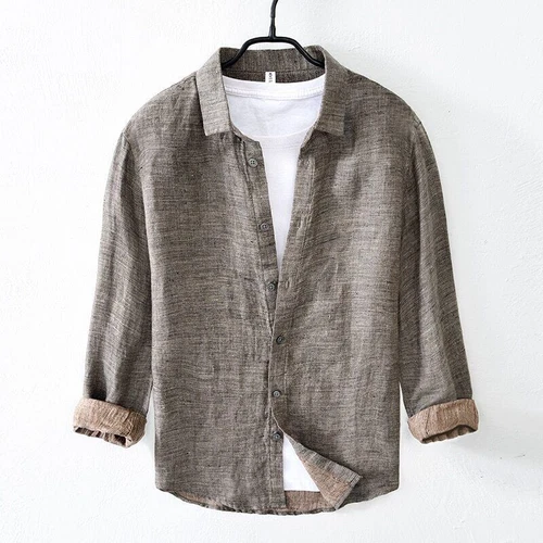 100 % reines Leinen Herrenhemd langärmelig lässig faltbarer Kragen Top Shirts - Bild 11 von 13