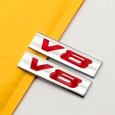 2Pcs Chrome Red Metal V8 Engine Logo Rear Trunk Emblem Fender Badge 3D Sticker