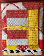 New handmade red  yellow baby quilt 43"x43" with matching zip pouch 8''x9" 