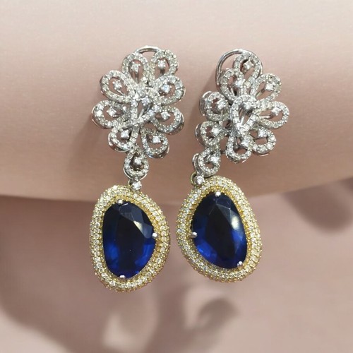 Pave 2.98 Cts Round Brilliant F/VS1 Diamonds Dangle Earrings 14K Two-Tone Gold - Picture 4 of 5