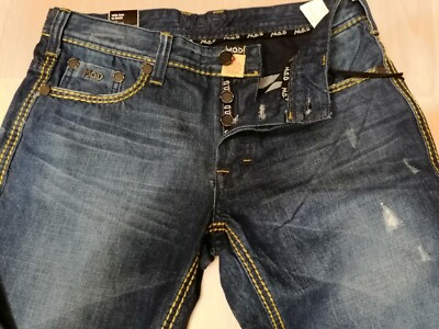 MOD Herrenjeans, Thomas, 31/32, lavablue/green, Knöpfe, fette Nähte, destroyed