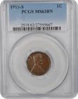 1919-S 1C Lincoln Cent - Type 1 Wheat Reverse PCGS BN #3452-5 MS63
