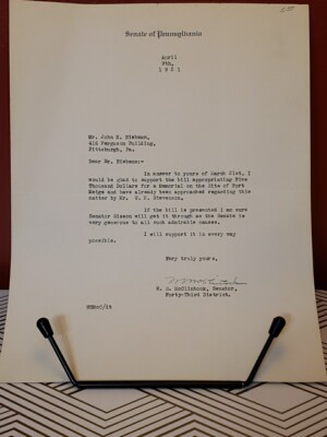 1921 Letter State Senator W S McClintock RE Fort Meigs Memorial Pittsburgh PA 