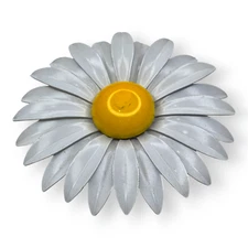 Vintage LARGE White and Yellow Painted Daisy Flower Brooch Pin