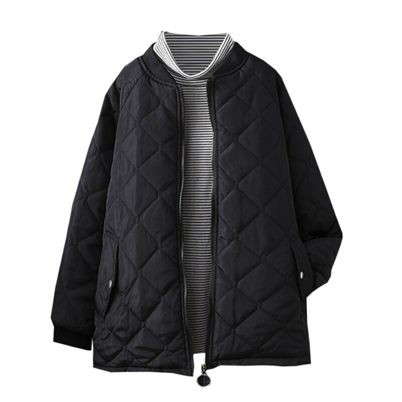 Black Autumn Winter Parka For Woman Oversize Solid Full Sleeve Zipper Coats And