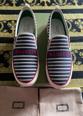 Gucci Mens Slip On Sneakers SZ 7 Red Blue GG Logo Striped Shoes Mens Blue GG Gucci Supreme Leather Sneakers Shoes Sz 8 G / 9  main image 4