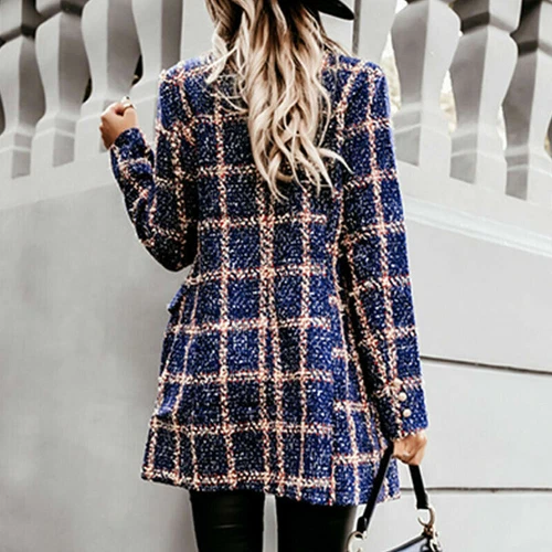 Women's Stylish Check Print Wool Blazer Coat Ladies Long Sleeve Collared Jacket - Picture 45 of 52