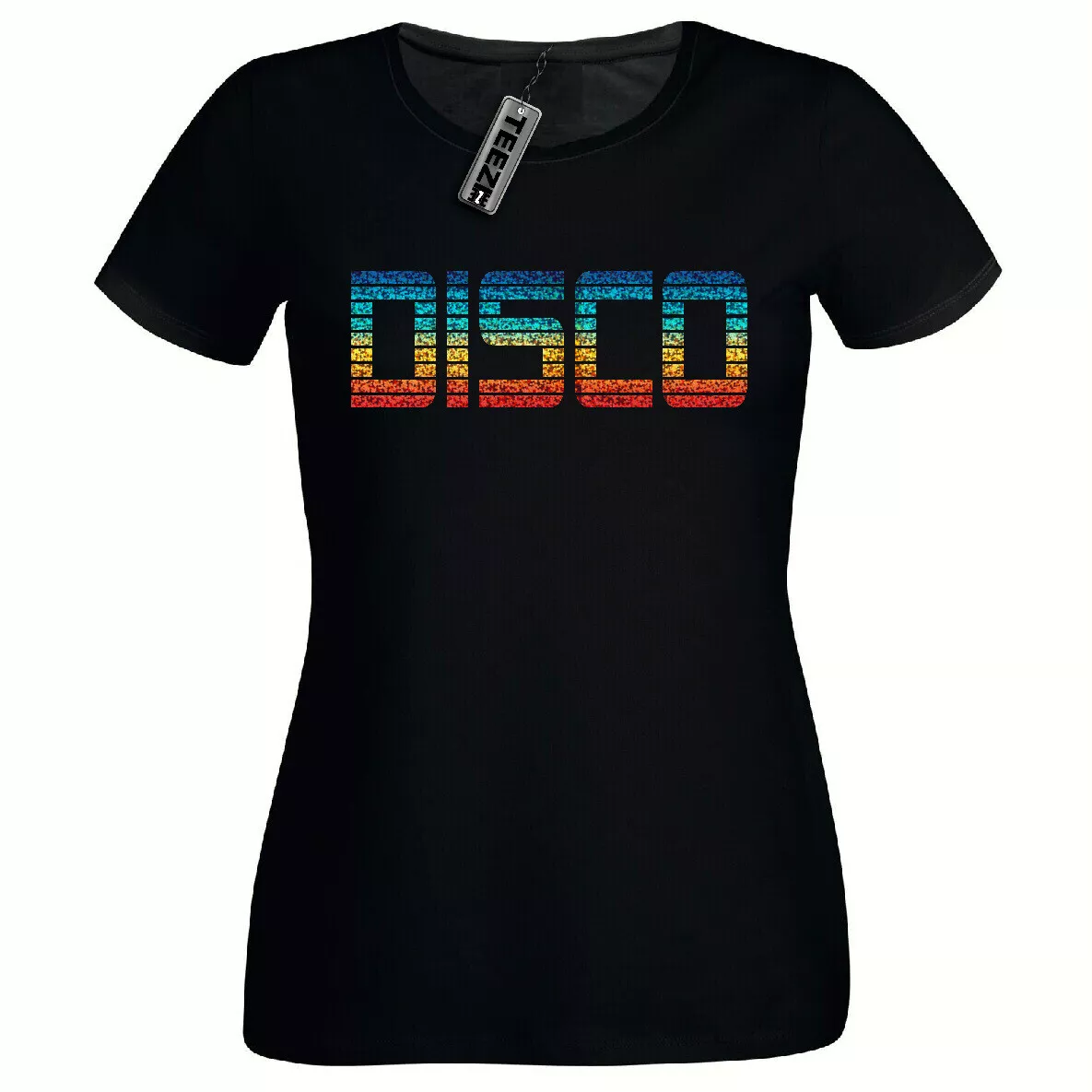 Rainbow Glitter 80's DISCO shirt, Ladies Fitted t shirt, Fancy Dress tee Shirt | eBay