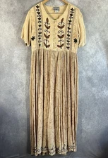 MPH Maxi Dress Women Large Tan Brown Floral Embroidered Button Short Sleeve Boho