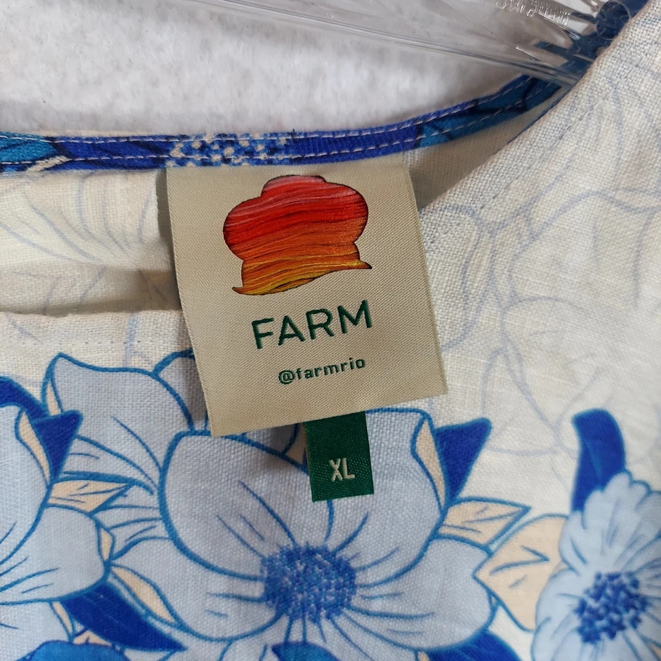 Farm Rio Women's Linen Crop Top Size XL Blue Flower Stripe Scalloped Hem - Image 2 of 4