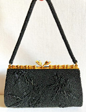 Vintage Evening Bag Box Purse Black Glass Micro Bead Gold Rhinestone Kiss Lock
