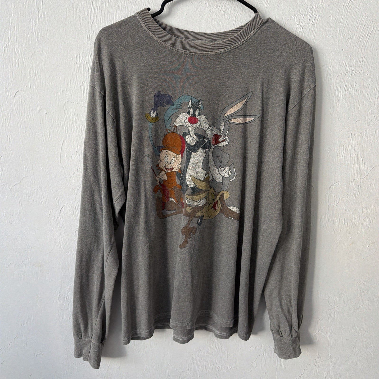Vintage Looney Tunes Men's Gray Cotton Long Sleeve Graphic T-Shirt in S/M