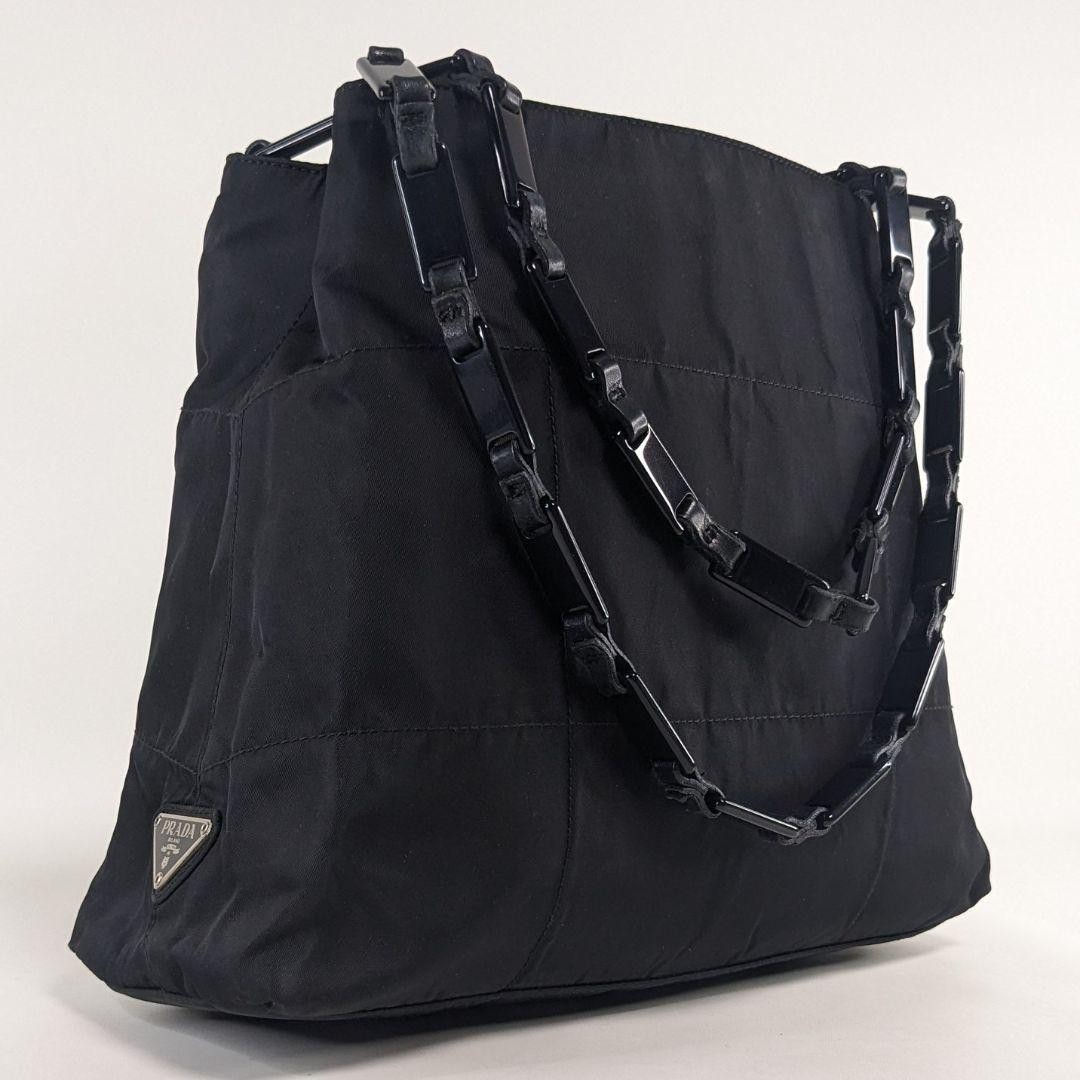 PRADA Tessuto Nylon Triangle Logo Quilted Shoulder Bag Black Authentic Vintage