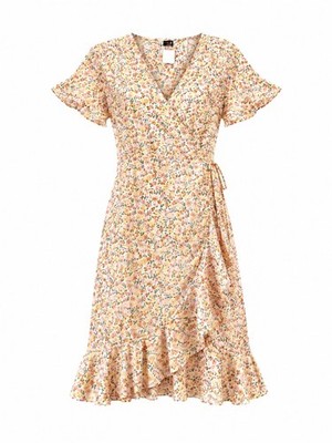 Vero Moda Floral Wrap Dress Womens L Cream Pink Orange Ruffle Hem Short Sleeve