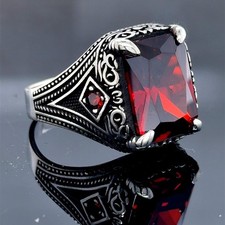 Turkish Handmade Men Silver Garnet Stone Silver Red Stone Ring
