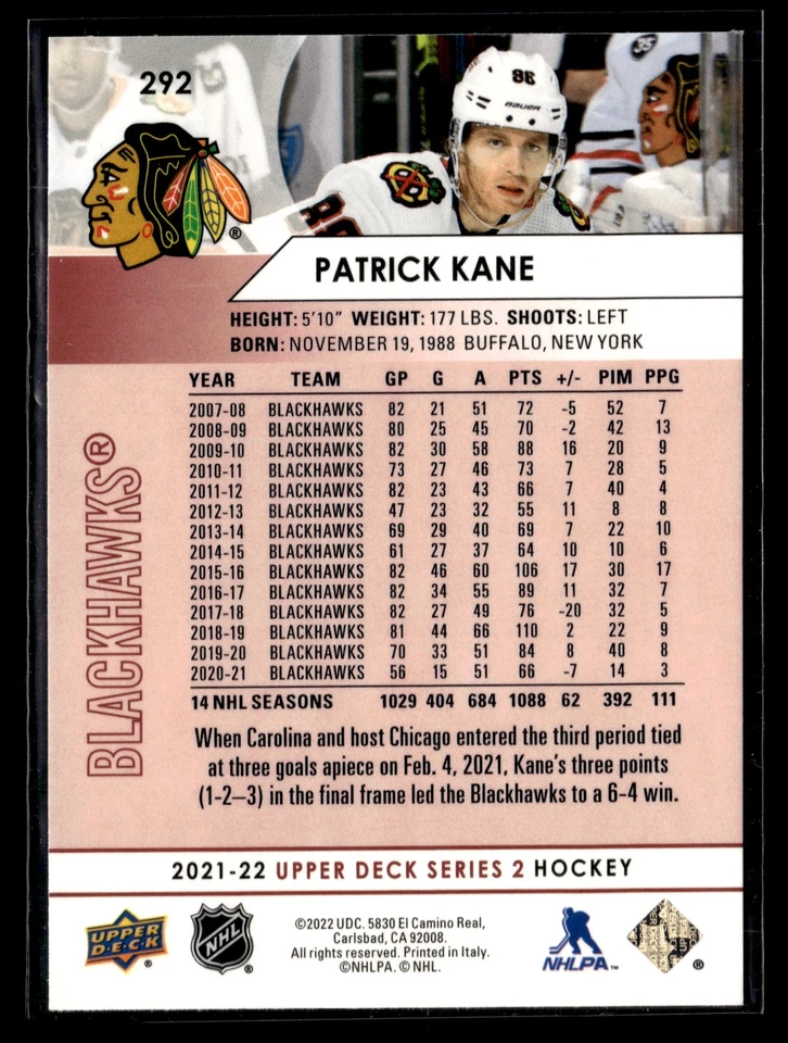 2021-22 Upper Deck #292 Patrick Kane UD Exclusives #/100 - Image 2 of 2