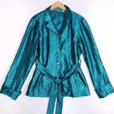 Chicos Metallic Blouse Size 2 Teal Crinkle Satin Button Up Belted Statement