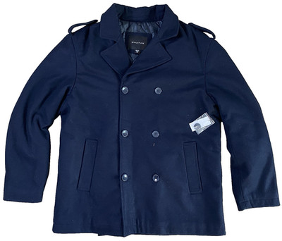 Structure L Large Classic Navy Blue Wool Blend Peacoat Jacket Winter Coat Men
