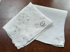 VINTAGE HANKY WHITE LINEN EMBROIDERY CUT WORK NEW W/ TAG MADEIRA HAND MADE