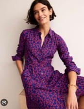 Boden Kate Poppy Red Ditsy Bud Blue Midi Shirt Dress Pockets Size 14L RRP £120