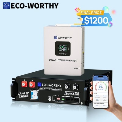 ECO-WORTHY 5120Wh 48V 100Ah LiFePO4 Battery + 5kW 48V Soalr Inverter For Home