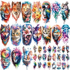 77 Sheets Temporary Tattoo, 17 Sheets Half Arm Flower Lion Tiger Cat Owl Parr...