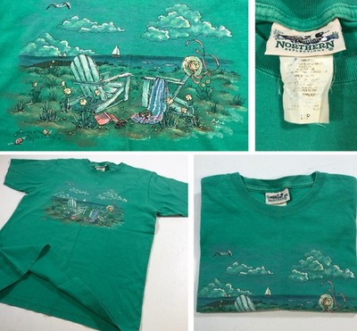 vtg Northern Reflections Green Graphic T-Shirt Sz S Beach Adirondack Chairs