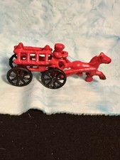 Vintage/ Antique Red Cast Iron Toy Wagon Horse Drawn Double Ladder Fire Wagon