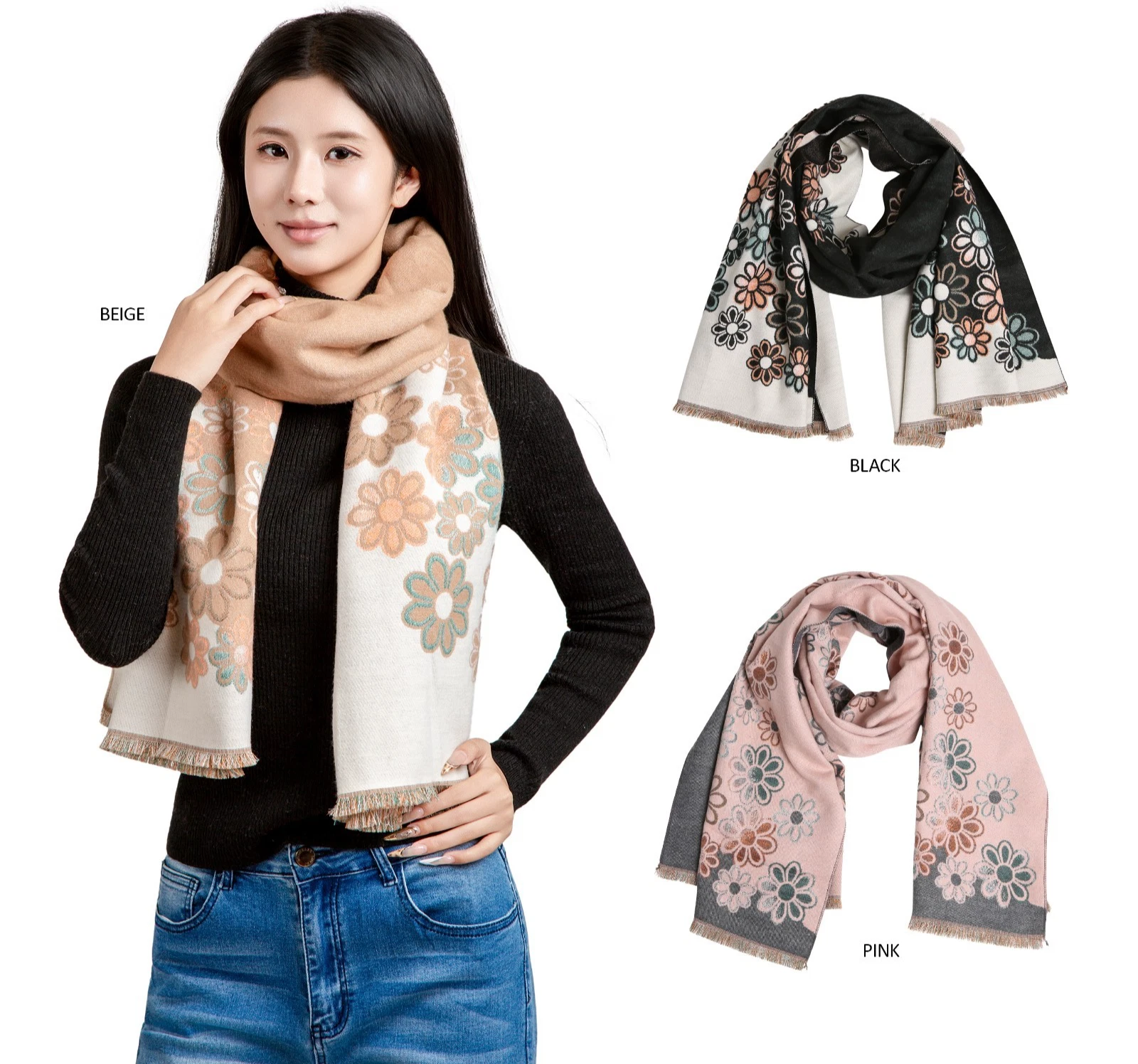 ComfyLuxe Floral Pattern Oblong Scarf w/ Short Trim