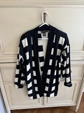 Andrea Jovine 100% Wool Black White Checkered Open Front Blazer Cardigan Long S