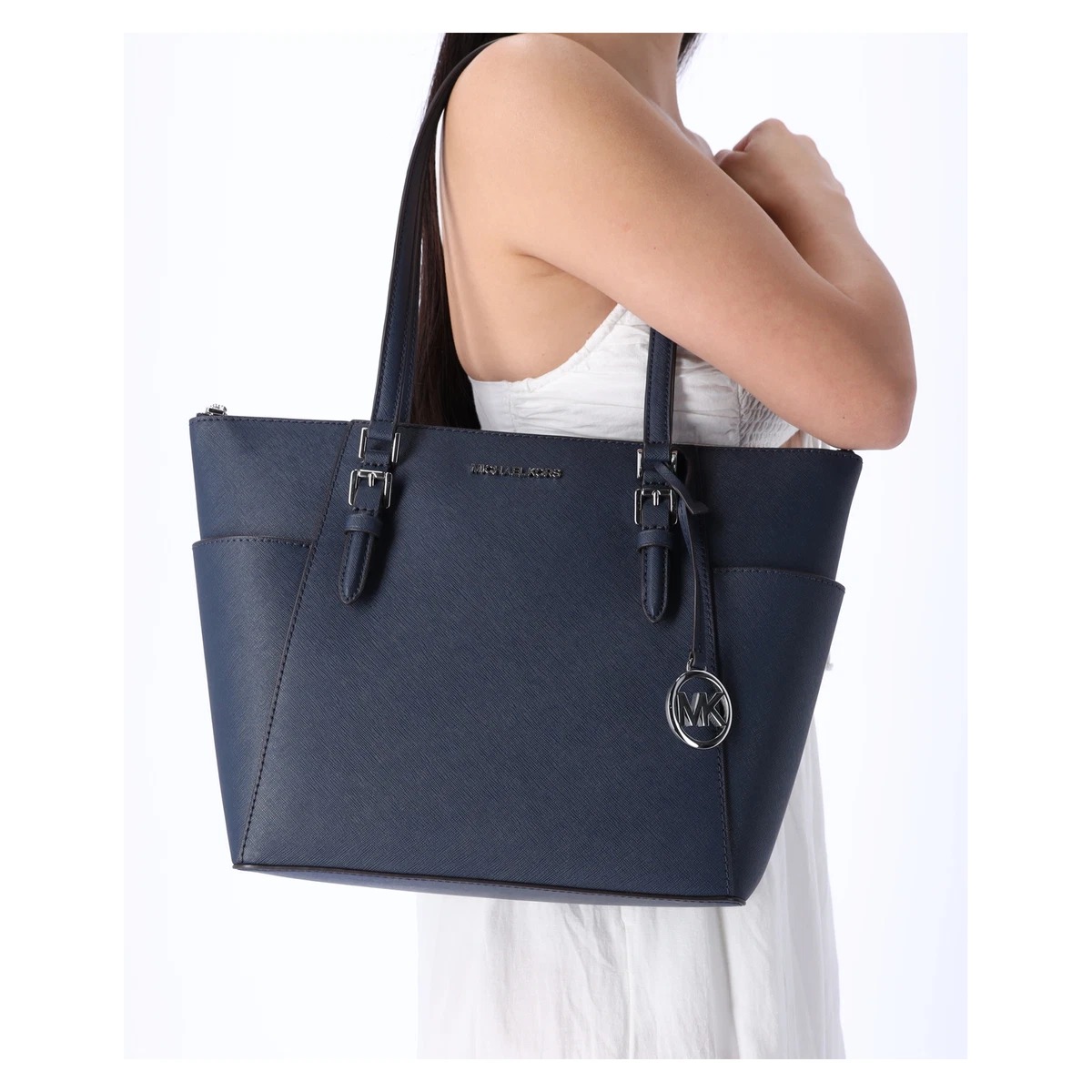 Michael Kors Charlotte Top Zip Tote Shoulder Bag Navy Saffiano 