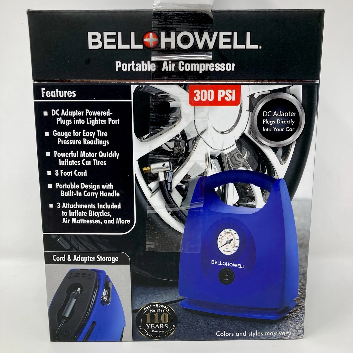 Bell Howell 300 psi 12V DC Premium Portable Air Compressor Blue 3 Attachments