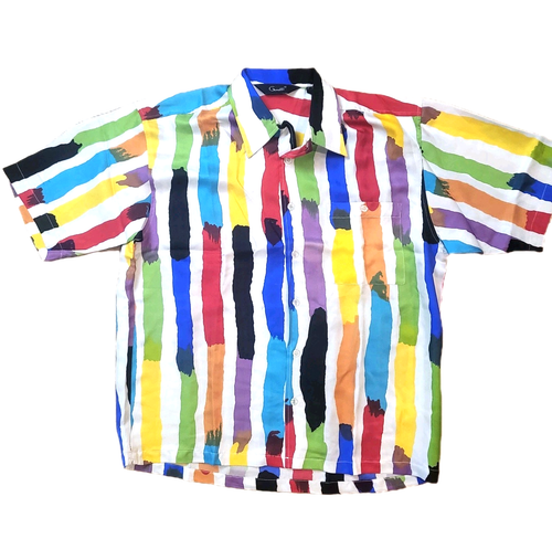 GENELLI 100% SILK MULTI COLOR PAINTBRUSH STROKE GEOMETRIC SHORT SLEEVE SHIRT M