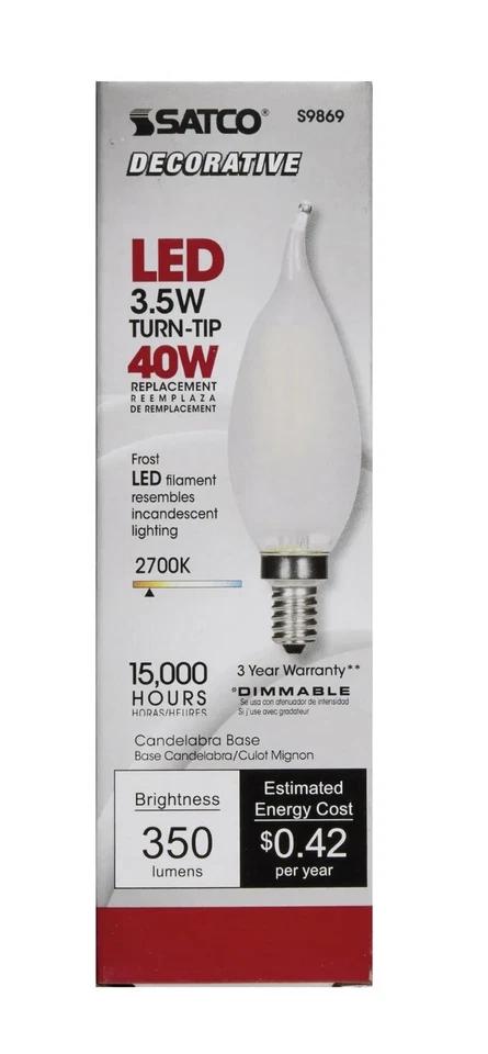 6 Pack Satco S9869 LED 3.5W 40W 120V CA11 Candelabra E12 Frosted 27K Warm White - Image 3 of 4