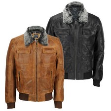 Mens Real Leather Vintage Bomber Pilot Jacket Fur Collar Retro Biker Style Black