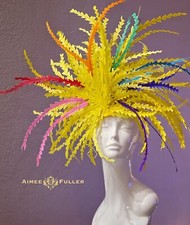 Aimee Fuller Kentucky Derby Fascinator Big Hat Rainbow Yellow Red Royal Ascot