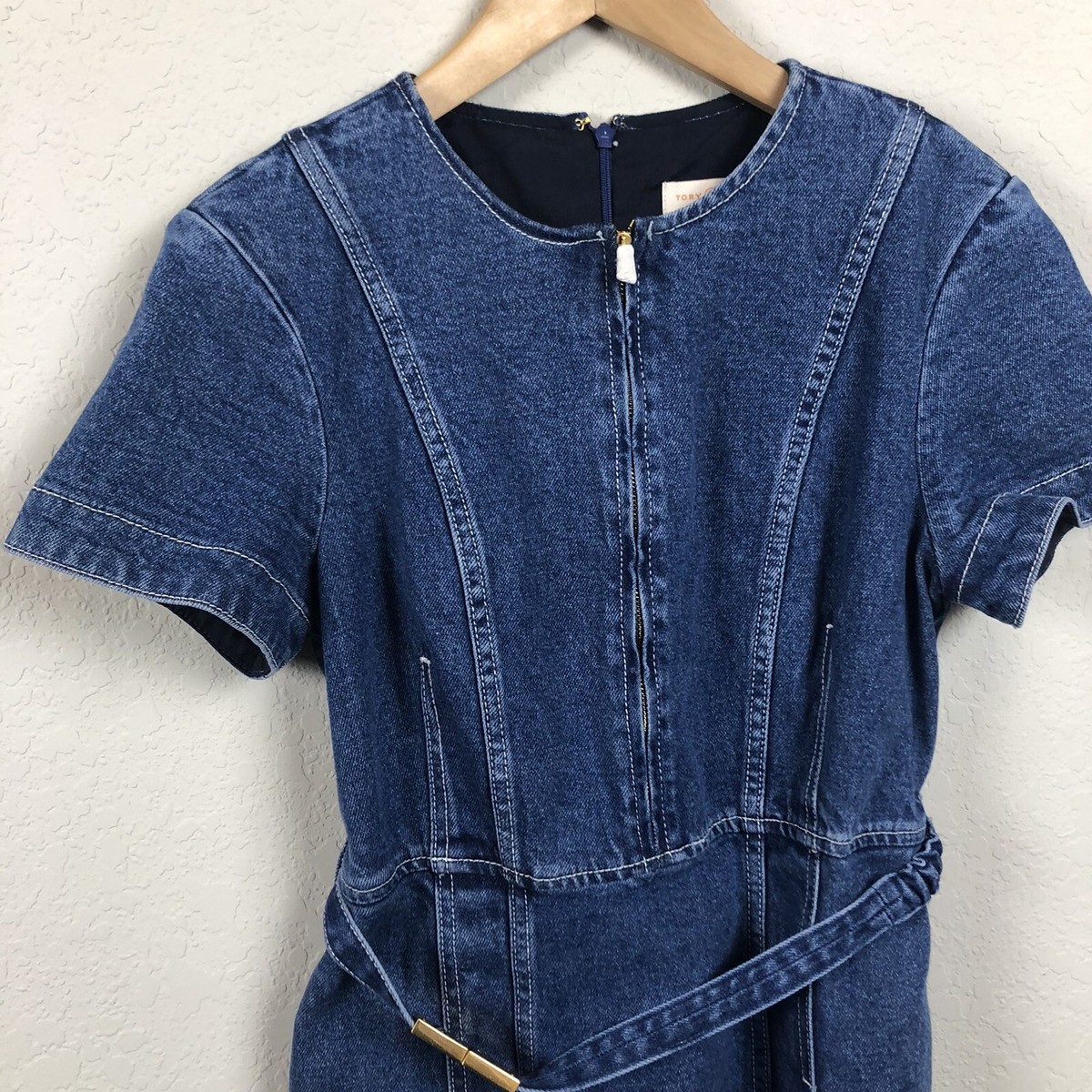 tory burch nadia denim dress Tory Burch Dress 8 Denim Nadia Zip Belted Cotton Short Sleeve Sheath Womens