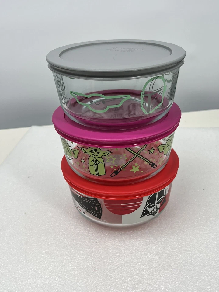 3 ct Lot Pyrex Star Wars Glass 4-Cup Storage Bowl Container Dish Yoda Lightsaber - Image 3 of 4