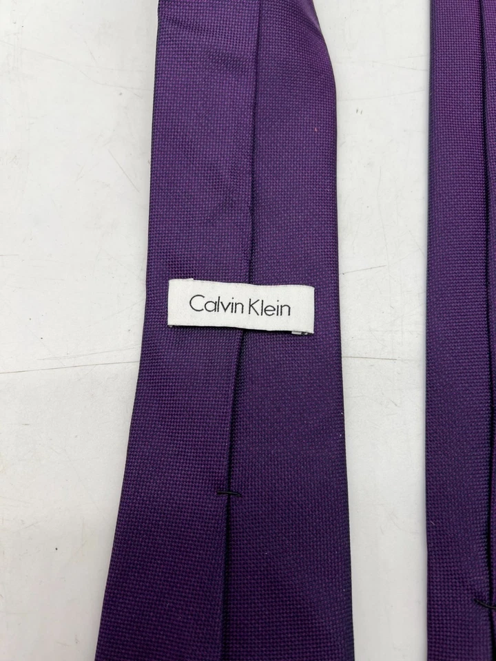 Calvin Klein Mens Silver Spun Solid Neck Tie Purple Business Formal Classic - Image 2 of 4