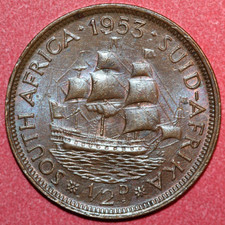South Africa  1953 1/2 Penny, Dromedaris Sailing ship-Foreign Coin 25.3mm