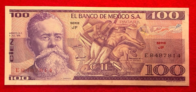 1978 Mexico 100 Pesos Carranza bill Paper Bank Money SERIE JF PREFIX E 8487814