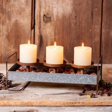 Irvins Country Tinware Rustic 3-Pillar Candle Holder Metal Tray