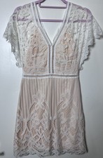 Boohoo White Lace Peach Pink Lined Mini Dress Size UK 10