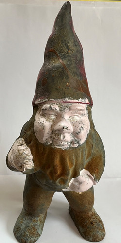 Vintage Cast Iron GARDEN GNOME  12" Statue Dwarf Carrying Bag -  Outdoor Decor