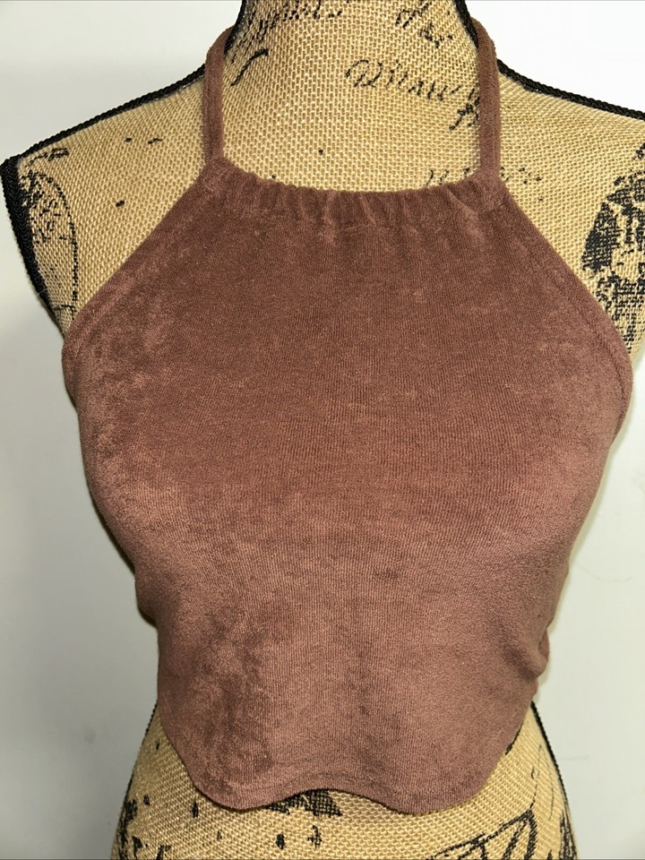 Cotton On Body Womens AU S Halter Crop Top Terry Towelling Brown Tie Neck VGC
