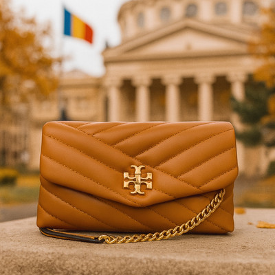 NEW Tory Burch Kira Chevron Squash Orange/Brass Chain Wallet