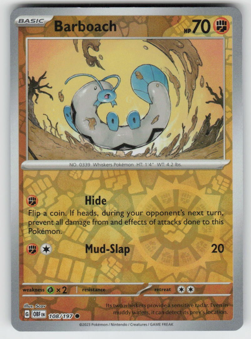 Barboach 108/197 Common Obsidian Flames Pokemon Reverse Holo Near Mint