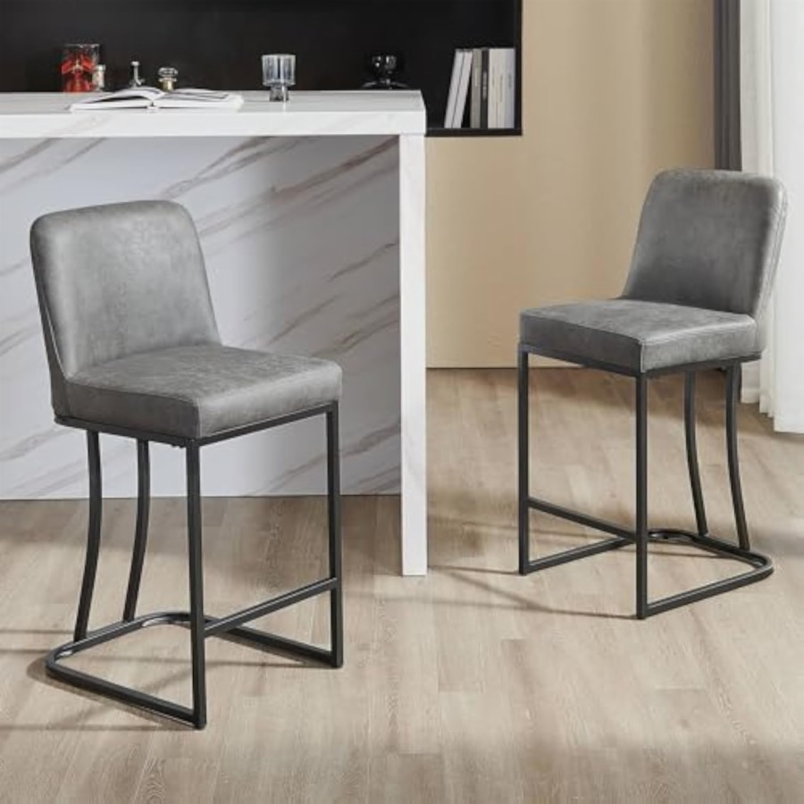 Bar Stools Set of 2, 24" Counter Height Barstools with Back, Leather K