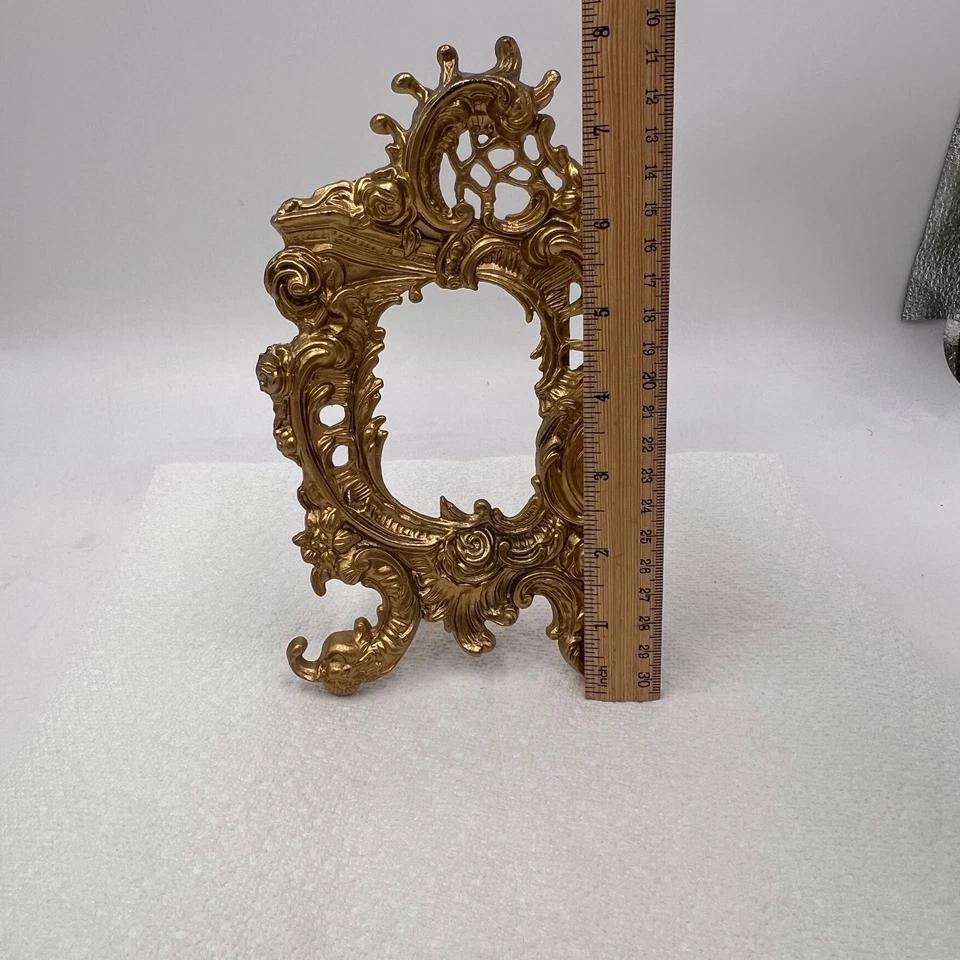 ORNATE ANTIQUE FRENCH GILT BRASS/BRONZE MIRROR FRAME EASEL CHERUB PUTTI 2.5x3.5" - Image 3 of 4